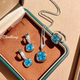 French Romantic Compact Paraiba Small Square Earrings Square Sugar Sea Blue Necklace Fat Square Mary Red Ring Female