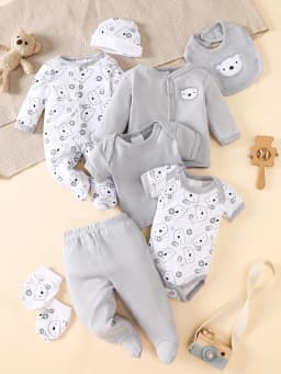 his 8-piece unisex newborn layette set fits boys and girls aged 0-9 months, with lovely grey bear prints.