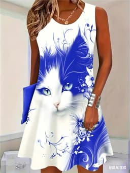 2026 New Fashion Cat Pattern Women Mini Dresses Summer Sleeveless 3D Printed Street Hip Hop Ladies Dress 3XL Plus Size Dress