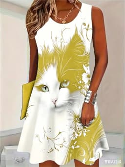 2026 New Fashion Cat Pattern Women Mini Dresses Summer Sleeveless 3D Printed Street Hip Hop Ladies Dress 3XL Plus Size Dress
