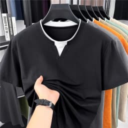 2026 New Men's Mock Neck Tee With Contrast Inner Layer Design Short Sleeve Casual And Comfortable