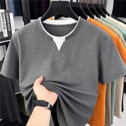 2026 New Men's Mock Neck Tee With Contrast Inner Layer Design Short Sleeve Casual And Comfortable