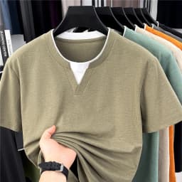 2026 New Men's Mock Neck Tee With Contrast Inner Layer Design Short Sleeve Casual And Comfortable