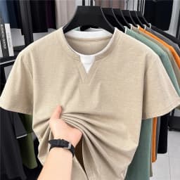 2026 New Men's Mock Neck Tee With Contrast Inner Layer Design Short Sleeve Casual And Comfortable