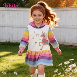 VIKITA Girls Unicorn Hoodies Dress Kids Rainbow Striped Soft Cotton Comfortable Casual Straight Ruffle Spring Autumn Casual Wear