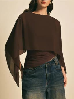 2026 Fashion Elegant Cape Sleeve Ruched Top Sheer Overlay Casual Solid Color Blouse Y2k Hot Girl Ruched Waist Slim Fit Shirts