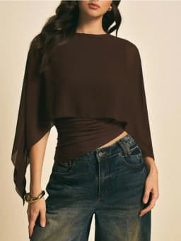 2026 Fashion Elegant Cape Sleeve Ruched Top Sheer Overlay Casual Solid Color Blouse Y2k Hot Girl Ruched Waist Slim Fit Shirts
