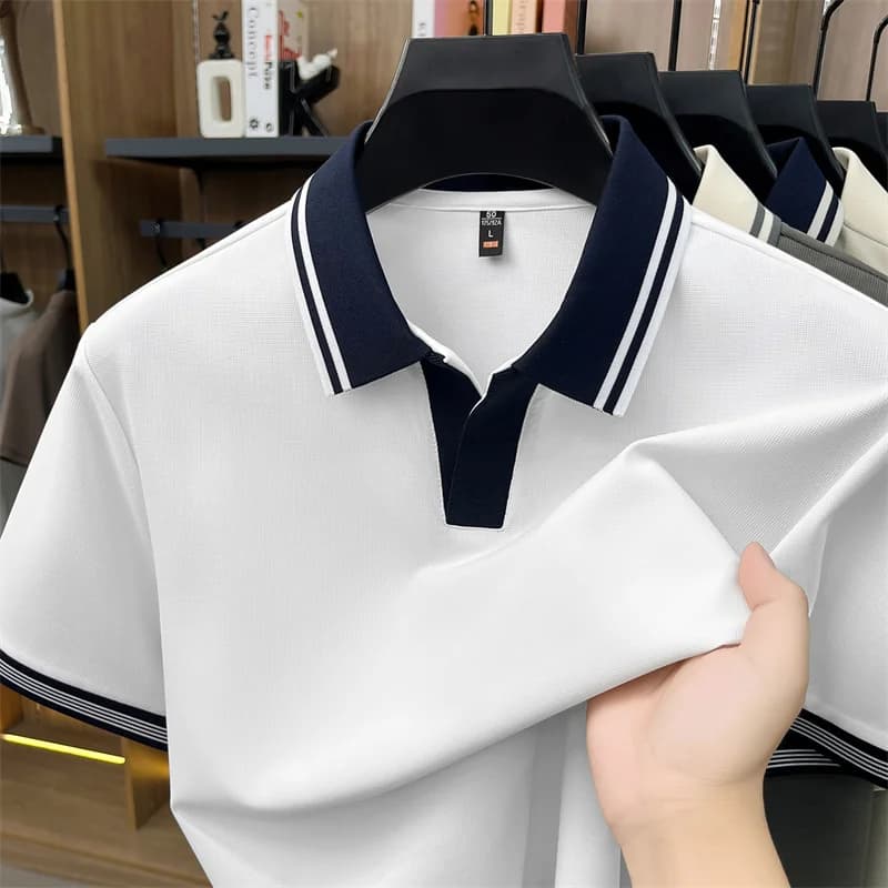 High quality ice silk short sleeve polo shirt summer breathable men new fashion personality color blocked scissors neck T-shirt