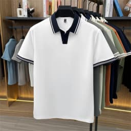 High quality ice silk short sleeve polo shirt summer breathable men new fashion personality color blocked scissors neck T-shirt