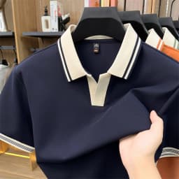 High quality ice silk short sleeve polo shirt summer breathable men new fashion personality color blocked scissors neck T-shirt