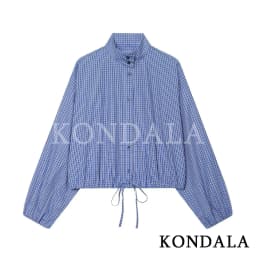KONDALA Women Casual Trendy Plaid Shirts Turtleneck Single Breasted Blouse New Fashion 2026 Spring Summer Holiday Sporty Blouse