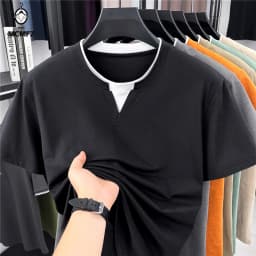Mens Short Sleeve Fake Two Piece T Shirt V Neck Style Lightweight Casual Summer Tops for Men