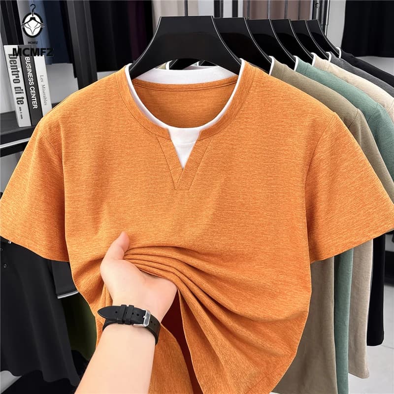 Mens Short Sleeve Fake Two Piece T Shirt V Neck Style Lightweight Casual Summer Tops for Men