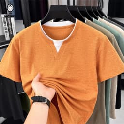Mens Short Sleeve Fake Two Piece T Shirt V Neck Style Lightweight Casual Summer Tops for Men