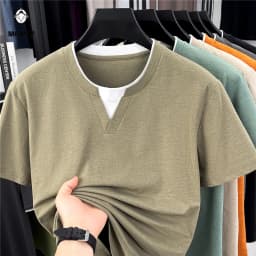 Mens Short Sleeve Fake Two Piece T Shirt V Neck Style Lightweight Casual Summer Tops for Men