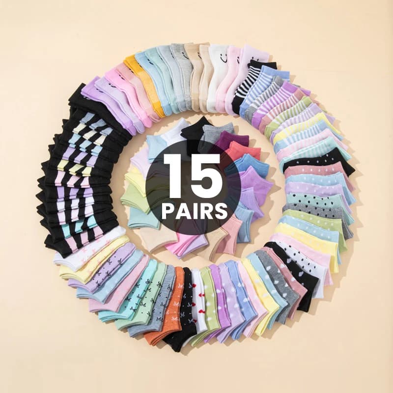 15Pairs Mixed Kid's Short Ankle Socks Sweet Cartoon Smile Heart Print Elastic Toddler Kids Socks for All Seasons