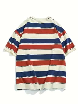 Men's Red, Yellow, and Blue Striped T-Shirt, Short-Sleeved Round Neck Casual T-Shirt, Classic Horizontal Stripe Daily Wear Top