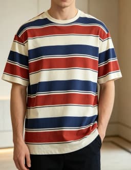 Men's Red, Yellow, and Blue Striped T-Shirt, Short-Sleeved Round Neck Casual T-Shirt, Classic Horizontal Stripe Daily Wear Top