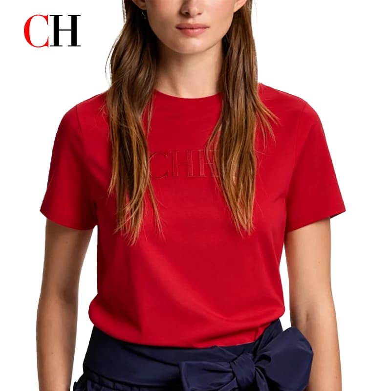 CH Women's Short Sleeve T Shirt Slim Fit Crew Neck Letter Embroidery Breathable Cotton Daily Tops
