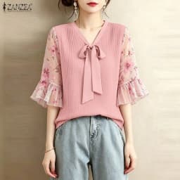 ZANZEA Women Elegant Plisse Blouses Floral Printed 3/4 Flared Sleeve Tops Summer Casual Loose Bow Detail V-Neck Blusas de Mujer