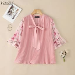 ZANZEA Women Elegant Plisse Blouses Floral Printed 3/4 Flared Sleeve Tops Summer Casual Loose Bow Detail V-Neck Blusas de Mujer