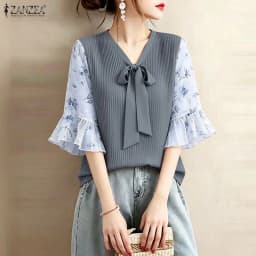 ZANZEA Women Elegant Plisse Blouses Floral Printed 3/4 Flared Sleeve Tops Summer Casual Loose Bow Detail V-Neck Blusas de Mujer
