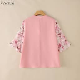 ZANZEA Women Elegant Plisse Blouses Floral Printed 3/4 Flared Sleeve Tops Summer Casual Loose Bow Detail V-Neck Blusas de Mujer