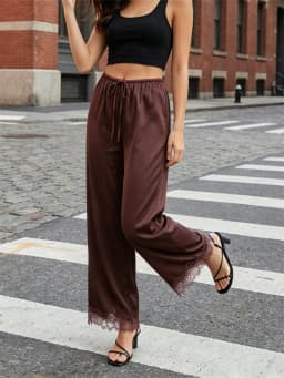 Women's Loose Lace Hem Pants Solid Color Wide Leg Pants Casual Lounge Sleep Pants Palazzo Trousers New