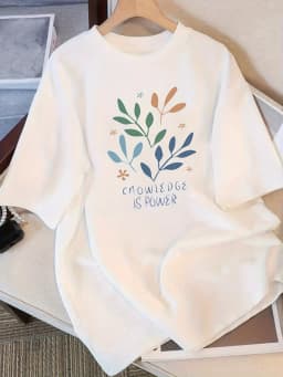 Elegant Minimalist Botanical "Knowledge Is Power" Print T-Shirt Korean Style Casual All Match Short Sleeve Top for Men and Women