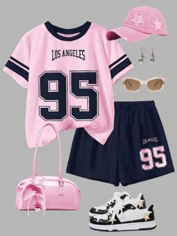 Girls' Simple Digital Print Set: Short-Sleeved T-Shirt and Shorts 2-Piece Set with Contrasting Striped Sleeves, Fashionable Pink, Blue, and Black Pants, Suitable for Youthful Sports, for Children Aged 8-12