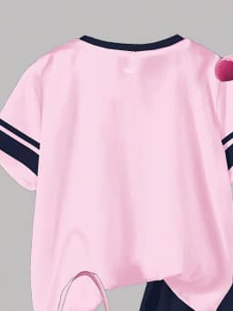 Girls' Simple Digital Print Set: Short-Sleeved T-Shirt and Shorts 2-Piece Set with Contrasting Striped Sleeves, Fashionable Pink, Blue, and Black Pants, Suitable for Youthful Sports, for Children Aged 8-12