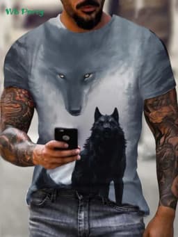Summer Outdoor Men Short Sleeved Tee Oversized Men's T-Shirt Fashion Round Neck Men's Clothing Vintage Wolf Graphic T-Shirt Men