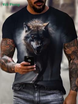 Summer Outdoor Men Short Sleeved Tee Oversized Men's T-Shirt Fashion Round Neck Men's Clothing Vintage Wolf Graphic T-Shirt Men