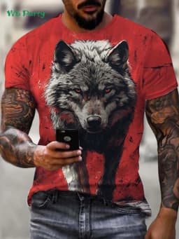 Summer Outdoor Men Short Sleeved Tee Oversized Men's T-Shirt Fashion Round Neck Men's Clothing Vintage Wolf Graphic T-Shirt Men