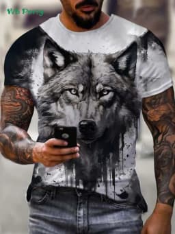 Summer Outdoor Men Short Sleeved Tee Oversized Men's T-Shirt Fashion Round Neck Men's Clothing Vintage Wolf Graphic T-Shirt Men
