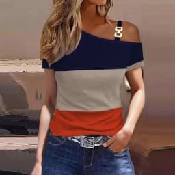 Women's Asymmetrical One Shoulder Top with Metallic Chain Detail and Abstract Print for Summer Evening Wear