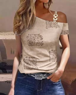 Women's Asymmetrical One Shoulder Top with Metallic Chain Detail and Abstract Print for Summer Evening Wear