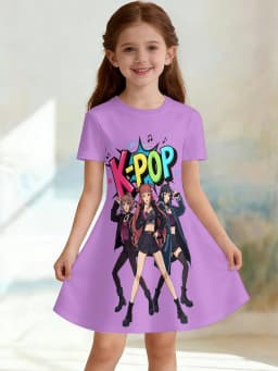 VGirls 3D Crew Neck A-line Dress, Girl Group Stage Colorful Trendy Color-block Print, Perfect for Parties and Birthday Gifts.