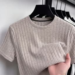 Men Ribbed Knit Short Sleeve T Shirt Crew Neck Casual Style Breathable Fabric Slim Fit For Daily Office And Weekend Activities