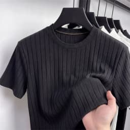 Men Ribbed Knit Short Sleeve T Shirt Crew Neck Casual Style Breathable Fabric Slim Fit For Daily Office And Weekend Activities