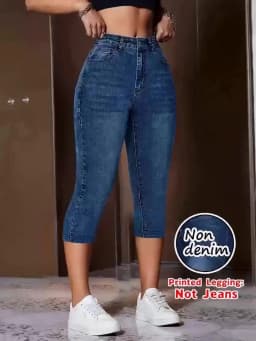 7149Women's Soft Faux Denim Print Shorts Non Hard Denim High Elastic Slim Fit Vacation Capri Pants