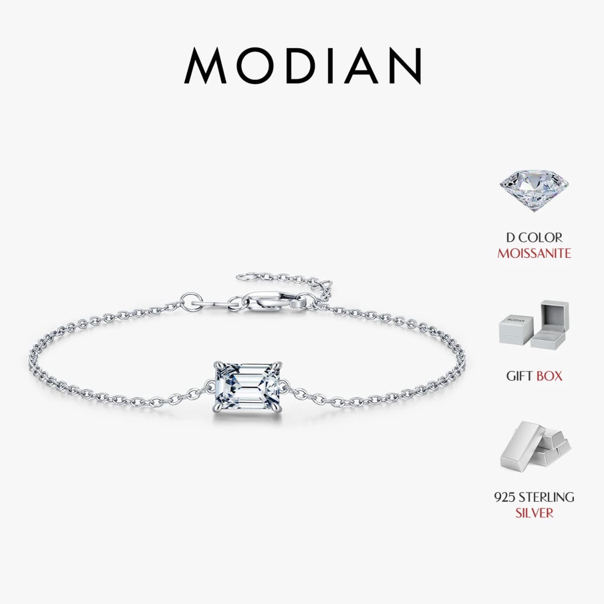 MODIAN Emerald Cut D Color Rectangle Moissanite Bracelet 925 Sterling Silver Luxury Link Chain Bracelet For Women Fine Jewelry
