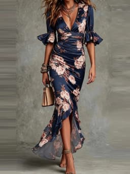 2026hot Women's Sexy Deep V Neck Ruffles Maxi Dress Spring Elegant Floral Print Mermaid Party Dress Summer Flare Sleeve Satin