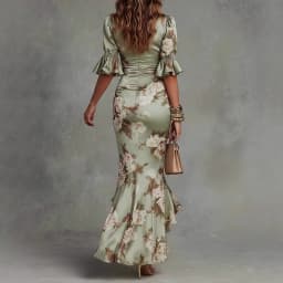 2026hot Women's Sexy Deep V Neck Ruffles Maxi Dress Spring Elegant Floral Print Mermaid Party Dress Summer Flare Sleeve Satin