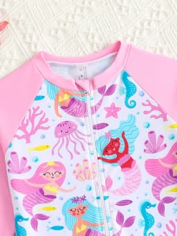 Girls' Cute Ocean Mermaid Princess All-Over Print Casual Fashion Swimwear Pink Long-Sleeved + Cartoon Print One-Piece Swimsuit Suitable for 4-8 Year Old Children for Beach and Seaside Leisure Vacations