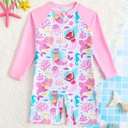 Girls' Cute Ocean Mermaid Princess All-Over Print Casual Fashion Swimwear Pink Long-Sleeved + Cartoon Print One-Piece Swimsuit Suitable for 4-8 Year Old Children for Beach and Seaside Leisure Vacations