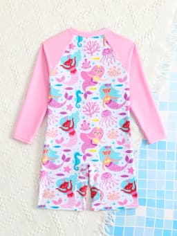 Girls' Cute Ocean Mermaid Princess All-Over Print Casual Fashion Swimwear Pink Long-Sleeved + Cartoon Print One-Piece Swimsuit Suitable for 4-8 Year Old Children for Beach and Seaside Leisure Vacations
