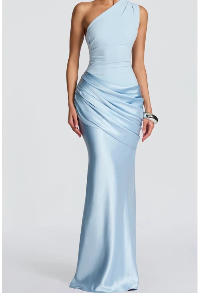 2026 New Light Blue One Shoulder Satin Mermaid Evening Dress for Women, Elegant Folded Formal Party Dress