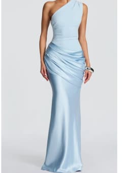 2026 New Light Blue One Shoulder Satin Mermaid Evening Dress for Women, Elegant Folded Formal Party Dress