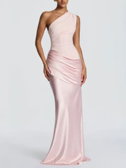 2026 New Light Blue One Shoulder Satin Mermaid Evening Dress for Women, Elegant Folded Formal Party Dress